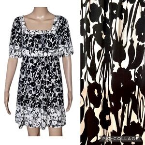 BCBGMaxazria black and off white floral empire waist dress size medium.
